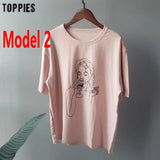2021 Summer Abstract Character T-shirts Women Cotton Tops Tee Short Sleeve Printing