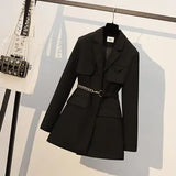 Women Clothing Autumn Winter Office Ladies Elegant Solid Jacket Women Long Sleeve High Waist Metal Belt Blazer