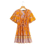 Queens Elegant Women Floral Print Short Sleeve Deep Bow Neck Ruffles Beach Bohemian Dresses Rayon Mini Dress