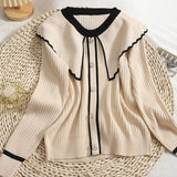 Fashion Woman Sweaters Embroidered Cropped Knitted Sweater Vintage Cute Peter Pan Collar Female Pullovers Chic
