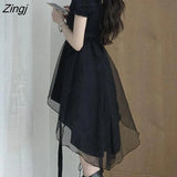 Mini Dresses Women Black Mesh Irregular Slim Square Collar Puff Sleeves Ruffles Korean Style Elegant Trendy Ulzzang