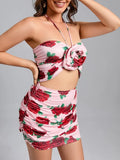Summer Floral Print Cropped Top+Mini Skirt 2-Piece Set Women Pink Halter Top+Ruched Mini Skirt Suit Party Evening Club