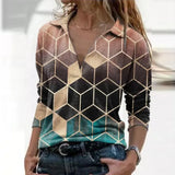 Women Long Sleeve V Neck Geometric Print Blouse Vintage Loose Polo Shirt Y2K Harajuku Oversize Tops Elegant Zip Sweatshirt