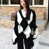 Black White Argyle Sweater Women V-neck Loose Female Knitted Pullover Harajuku Korean Style Daily Oversized Knitwear