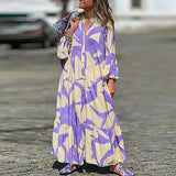 Purple Print V-Neck Pleated Beach Dress Women Fashion Flare Sleeves Swing Long Dress 2023 Autumn Casual Loose Dress