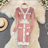Women Knitted Sheath Dress Autumn Winter Office Color Contract Bodycon Dress Elegant V-neck Work Wear Sweater