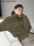 Pullover Sweater Women Irregular Button Design Knitted Sweater Female Korean Fashion Elegant Turtleneck Slit Pullover