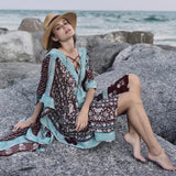 Queens Women Floral Print Short Sleeve Beach Loose Bohemian Maxi Dress Ladies Cotton Rayon Boho Sundress