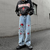 And American Hip Hop Stereo Rose Embroidered Jeans Men Y2K Street New Popular Pants Couple Loose Wide-Leg Pants
