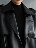 Autumn Extra Long Oversized Black Faux Leather Trench Coat for Women Long Sleeve Belt Double Breasted Loose Fashion