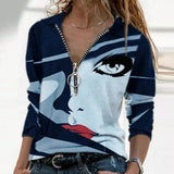 Women Long Sleeve V Neck Geometric Print Blouse Vintage Loose Polo Shirt Y2K Harajuku Oversize Tops Elegant Zip Sweatshirt