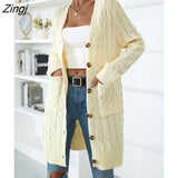 Women Sweaters Fall/Winter Twist Knitted Long Cardigan V-Neck Pocket Full Sleeve Solid Single-breasted Sweater