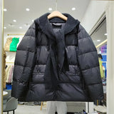 Hooded Splicing Feather Jacket Women 90% White Duck Down Coat Knitting Scarf hooded Short Parker Loose Warm