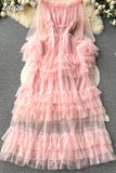 Autumn Women Ruffle Mesh Party Long Dress Sexy Slash Neck Off Shoulder See Through Maxi Robe Female New