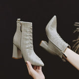 Style Womne's High Heeled Ankle Boots,Autumn/Winter Shoes Female Snake Pattern Patent Leather Short Boot Black