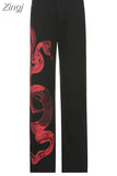 Chinese Style Vintage Dragon Printed Black Baggy Jeans Streetwear Grunge High Waist Pants Women Jeans Hip Hop
