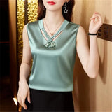 Summer V Neck Solid Youth Shirt Fashion Sleeveless Satin Blouse for Woman Loose Casual Silk Top Blusas Elegant