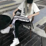 Y2K Striped Joggers Sweatpants Women Button Slit Baggy Wide Leg Pants Streetwear Elastic High Waist Loose Casual