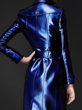 Spring Autumn Long Shiny Reflective Patent Leather Trench Coat for Women Belt Double Breasted Cool European Fashion