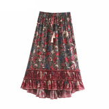 Queens Women Birds Floral Print Beach Bohemian Pleated Skirt High Elastic Waist Maxi A-Line Boho Skirts