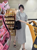 Zingj Chic Summer Sweet Age Reduction Round Collar Side Open Fork Loose Casual Long Bubble Sleeve Hoodie Dress