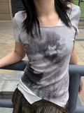Summer Personality Vintage Print T-Shirts Fake Two Pieces Patchwork Harajuku Tshirts Women Fashion Y2k Aesthetic Tee