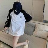 Streetwear Sweatshirt Women Striped Patchwork Oversized Pullover Korean Harajuku Letter Print Loose Casual Hoodies