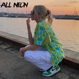 Retro Streetwear Green Plaid Print Oversized Shirts Autumn 90s Fashion Single-breasted Short Sleeve Long Shirt