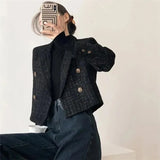 Vintage Black Blazers Women Elegant Short Jacket Korean Autumn Winter Tweed Cropped Suit Coat Tops Retro Casual