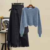 Women Winter Patchwork Long Sleeve Knitted Tops + Asymmetric Skirt 2 Piece Suit Female Party Elegant Two Piece