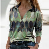 Women Long Sleeve V Neck Geometric Print Blouse Vintage Loose Polo Shirt Y2K Harajuku Oversize Tops Elegant Zip Sweatshirt
