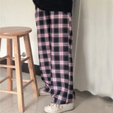 and Pink Plaid Pants Oversize Women Pants High Waist Loose Wide Leg Trousers Ins Retro Teens Straight Trousers