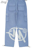 Y2K Cargo Pants Men Retro Loose Pocket Wide-Leg Pants High Waist Straight Loose Men And Women Harajuku Mopping