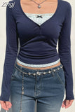 Y2K Vintage Korean Long Sleeve Tee Shirts Slim Lace Patched Basic Cute Female T shirt Bow Casual Crop Tops