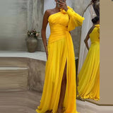 One Shoulder Sleeve Split Party Dress Fashion Autumn Solid Pleated Dress 2023 Elegant Diagonal Collar Chiffon Long