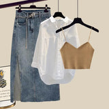 Outfits For Women 2023 Fashion Sling Vest+long Sleeve Sunscreen Shirt+side Split Denim Skirts Sets Korean 3 Piece
