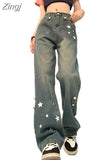 Wide Leg Pants American Retro High Waist Star Straight Denim Pant Women Y2k Streetwear Hip Hop Jeans Grunge