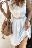 Women White Mini Dress Elegant Lace Dress Female V Neck Sleeveless Short Dress Ladies Hollow Out High Waist Dress