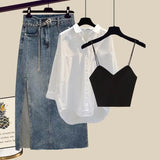 Outfits For Women 2023 Fashion Sling Vest+long Sleeve Sunscreen Shirt+side Split Denim Skirts Sets Korean 3 Piece