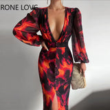 Women Chic Deep V Neck Long Lantern Sleeves Tie Dye Button Midi Sexy Party Chiffon