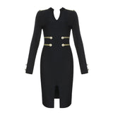New Summer Women Bandage Dress Sexy V Neck Full Sleeves Knee Length Split Fork Dress Club Celebrity Bodycon Party