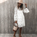 Queens Women Lace Hollow Out Ruffled Bohemian White Dress Long Sleeve Sexy Beach Boho