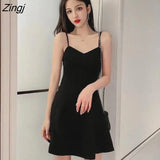Women Spaghetti Strap Sexy Ladies Abdomen A-line Mini Black Sundress Inside Korean Style Club Street Elegant Solid