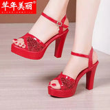 Fish Mouth Sandals Women's Summer New Leuky Waterproof Waterproof Thick-Soled Thick Heel Sandals Large-Size High-Heeled
