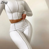 Autumn White Ribbed 2 Two Piece Sets Tracksuit Womens Outfits Long Sleeve Crop Top Pants Sets Sweat Suits Matching