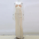 Sexy Black Mesh Crystal Patchwork Maxi Dress New Women Sleeveless See Through Bodycon Clubwear Long Dress