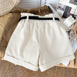 Rolled Wide-leg Shorts Women Korean Retro Elastic Waist Loose Casual Short Pants With Belt Loose A line Shorts