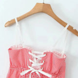 Red Plaid Low Ruched Sling Mini Dress-Outfit
