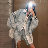Spring Autumn Long Sleeve Stitching Design Trendy Women Shirt+sleeveless All-match Denim Jacket 2 Piece Set Casual