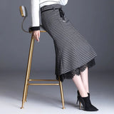 Vintage Plaid Skirts Womens Lace Patchwork High Waist Mermaid Skirt Female Slim Office Clothes Lacintg Midi